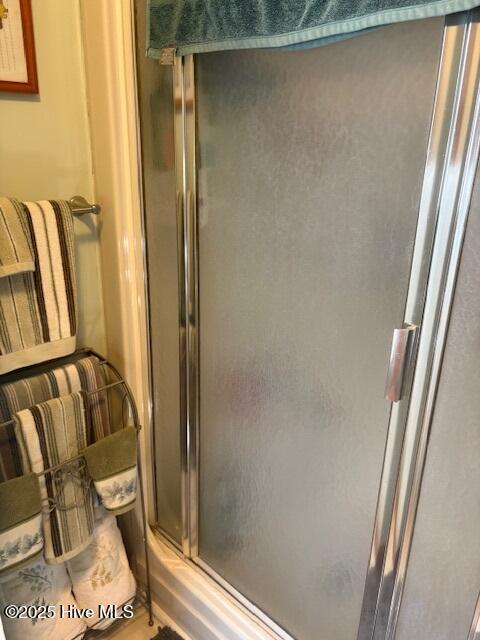 bathroom featuring a shower with shower door