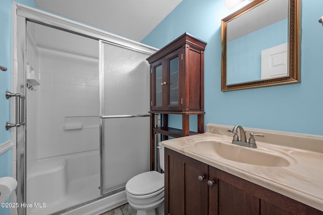 bathroom featuring a shower stall, toilet, and vanity