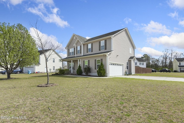 view of front facade with a front yard, concrete driveway, an attached garage, and fence