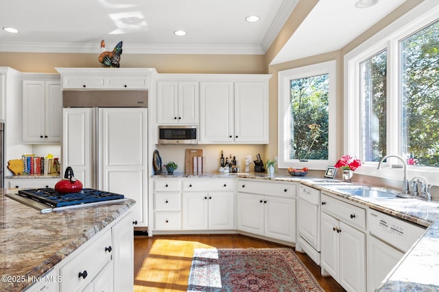 kitchen with a healthy amount of sunlight, stainless steel appliances, light wood finished floors, and a sink