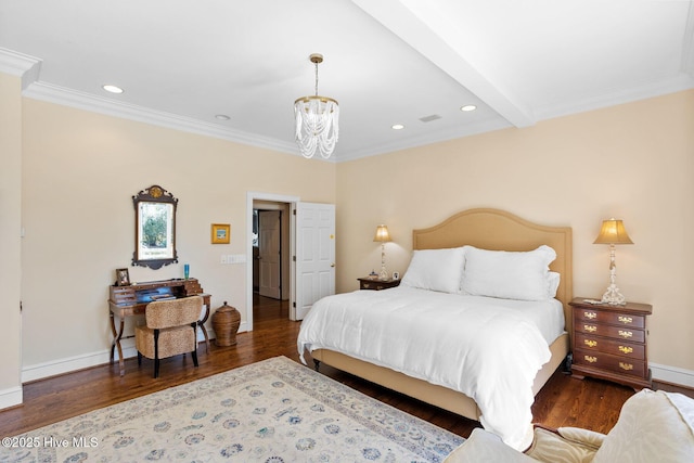 bedroom with an inviting chandelier, ornamental molding, wood finished floors, and recessed lighting