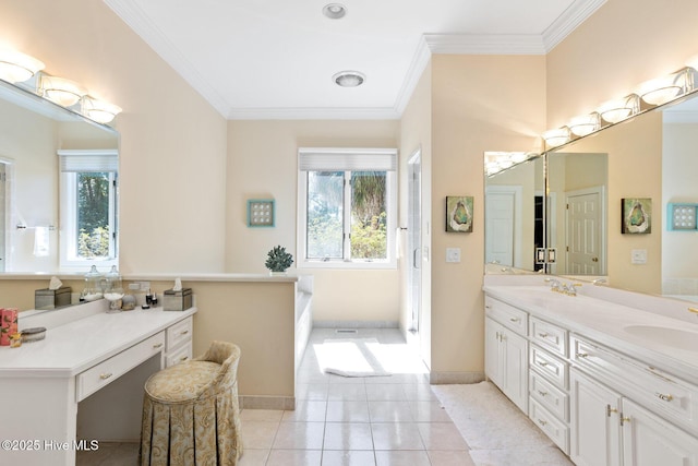 bathroom with double vanity, tile patterned flooring, ornamental molding, and a sink