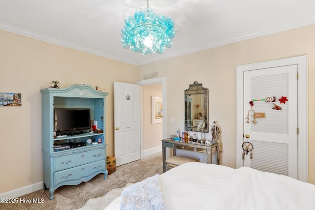 carpeted bedroom with baseboards and ornamental molding