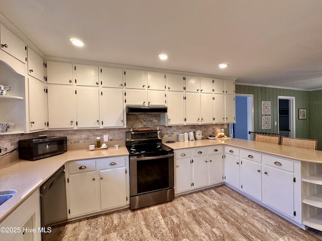 kitchen with white cabinets, under cabinet range hood, open shelves, light countertops, and black appliances