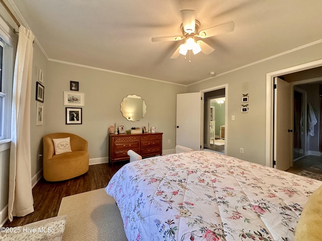 bedroom with ceiling fan, baseboards, crown molding, and wood finished floors
