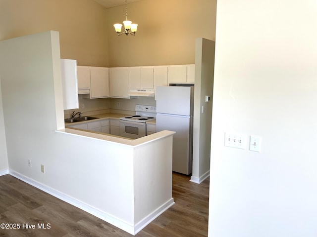142 Witten Cir Unit A, Havelock, NC 28532 - kitchen with white appliances, a sink, under cabinet range hood, dark wood finished floors, and a towering ceiling