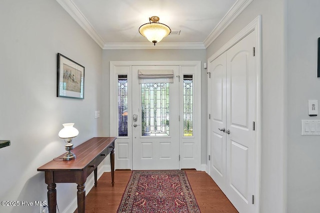 1061 Leesburg Dr, Leland, NC 28451 - foyer featuring visible vents, crown molding, and dark wood-style flooring