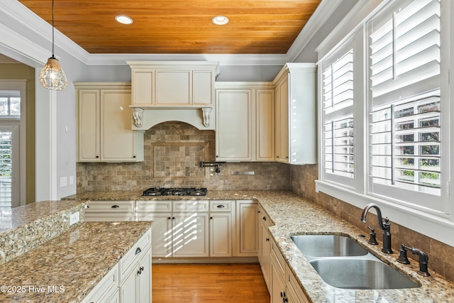 1037 Anchors Bend Way, Wilmington, NC 28411 - kitchen with stainless steel gas cooktop, wood ceiling, pendant lighting, and a sink