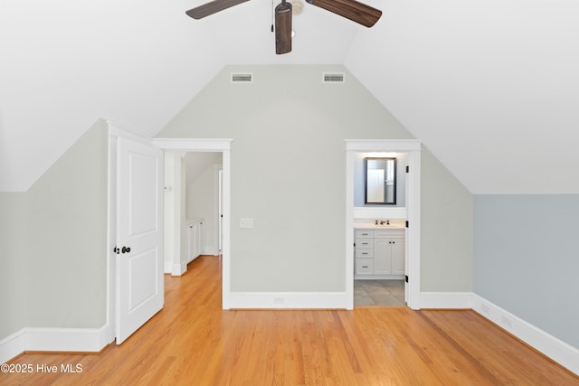 1037 Anchors Bend Way, Wilmington, NC 28411 - bonus room featuring ceiling fan, visible vents, lofted ceiling, and light wood-type flooring