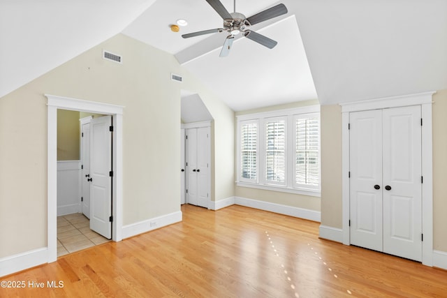 1037 Anchors Bend Way, Wilmington, NC 28411 - bonus room with a ceiling fan, visible vents, vaulted ceiling, baseboards, and light wood-style floors