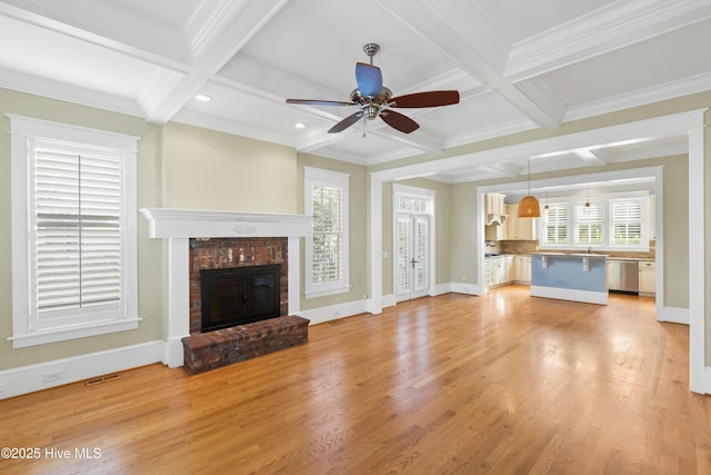 1037 Anchors Bend Way, Wilmington, NC 28411 - unfurnished living room with crown molding, a ceiling fan, coffered ceiling, and visible vents