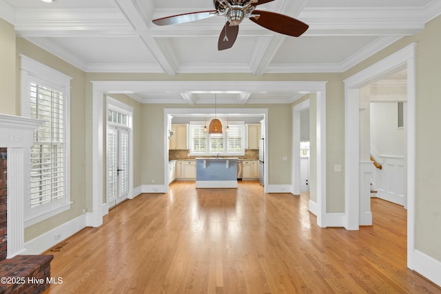 1037 Anchors Bend Way, Wilmington, NC 28411 - unfurnished living room with crown molding, coffered ceiling, ceiling fan, and light wood finished floors