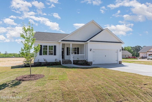 30 Tee Dr, Selma, NC 27576 - ranch-style home with roof with shingles, a front lawn, concrete driveway, covered porch, and an attached garage