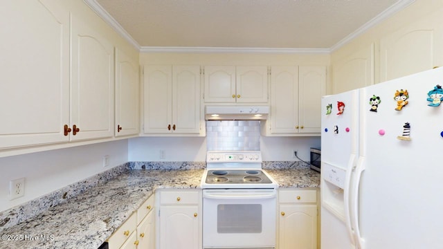kitchen featuring under cabinet range hood, white appliances, tasteful backsplash, and ornamental molding