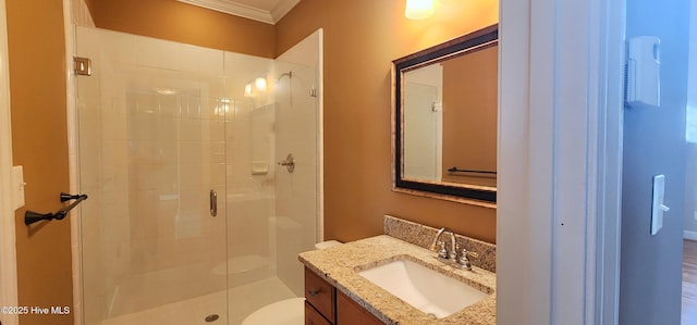2429 Falls River Ave, Raleigh, NC 27614 - bathroom with a stall shower, vanity, and ornamental molding