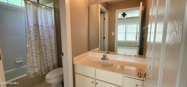 2429 Falls River Ave, Raleigh, NC 27614 - bathroom with shower / tub combo with curtain, vanity, and ceiling fan