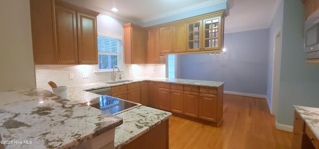 2429 Falls River Ave, Raleigh, NC 27614 - kitchen with a peninsula, ornamental molding, tasteful backsplash, light wood-style floors, and light stone counters