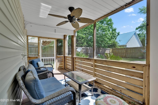 222 NE 36th St, Oak Island, NC 28465 - view of patio with an outdoor living space, ceiling fan, and a fenced backyard