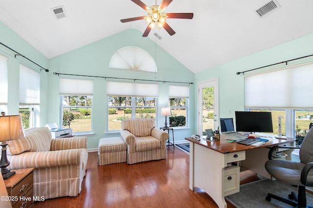 659 Meadowbrook Ln NW, Calabash, NC 28467 - office area with hardwood / wood-style floors, a ceiling fan, plenty of natural light, and high vaulted ceiling