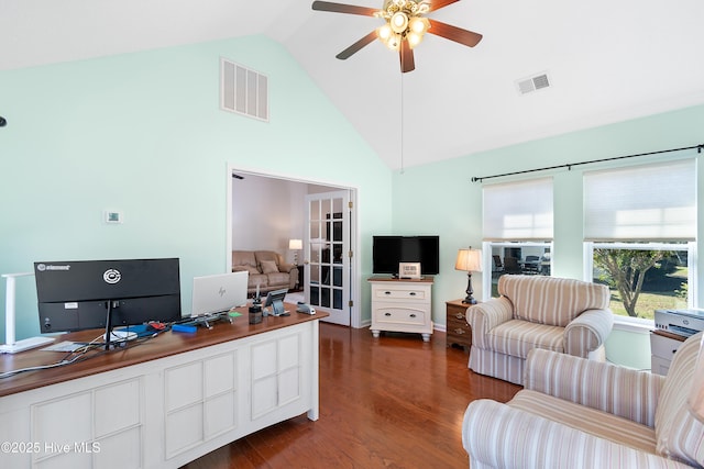 659 Meadowbrook Ln NW, Calabash, NC 28467 - living area with a ceiling fan, high vaulted ceiling, a desk, and wood finished floors