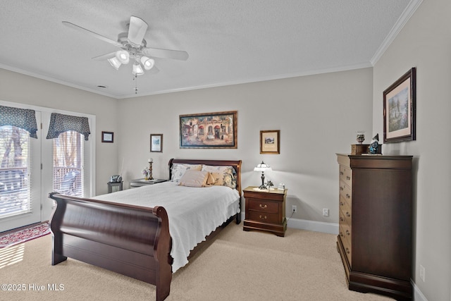 bedroom with light carpet, access to outside, a textured ceiling, crown molding, and baseboards