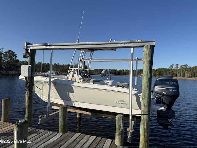 view of dock featuring boat lift and a water view