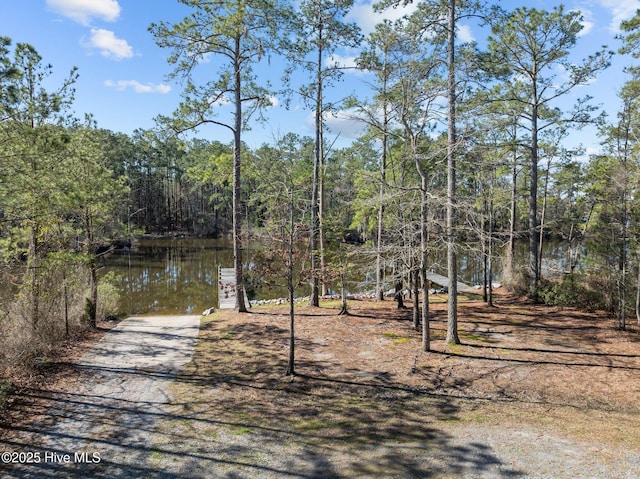 view of dock featuring a forest view