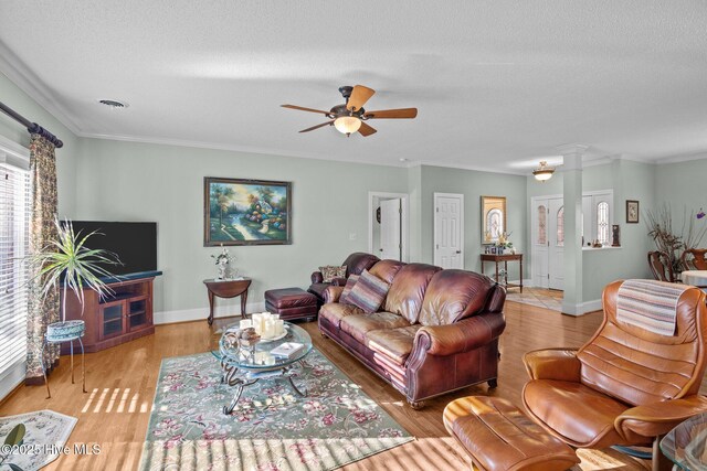 living room featuring light wood finished floors, visible vents, ornamental molding, a textured ceiling, and a ceiling fan
