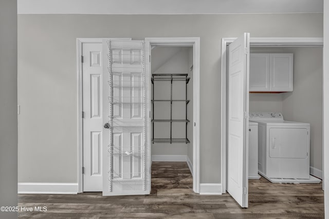 6211 Wrightsville Ave Unit 111, Wilmington, NC 28403 - washroom featuring cabinet space, washer and dryer, and wood finished floors