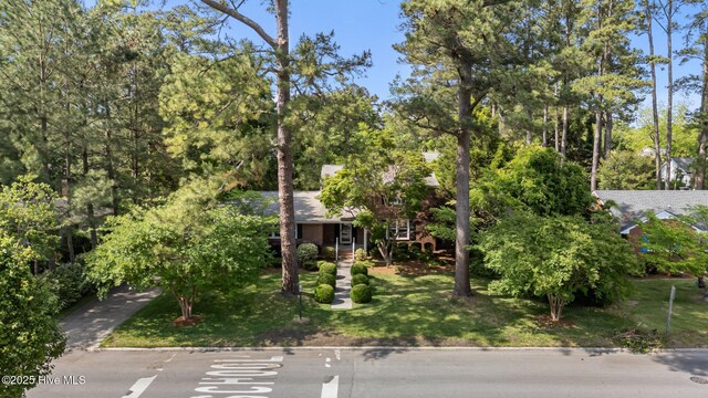 view of property hidden behind natural elements featuring a front lawn