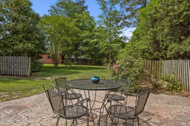 view of patio featuring a fenced backyard and outdoor dining space