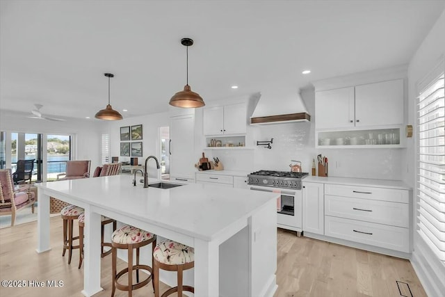 7522 Dunbar Rd, Wilmington, NC 28411 - kitchen with high end range, premium range hood, healthy amount of natural light, open shelves, and recessed lighting