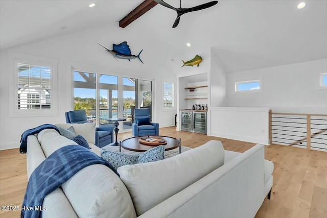 7522 Dunbar Rd, Wilmington, NC 28411 - living room featuring wine cooler, ceiling fan, beamed ceiling, light wood finished floors, and recessed lighting