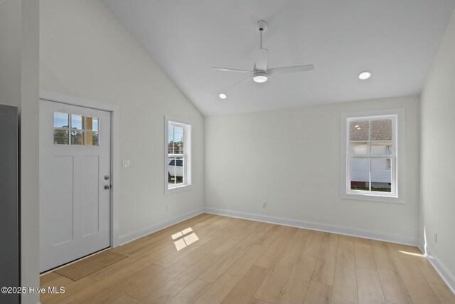 1615 Live Oak St Unit A & B, Beaufort, NC 28516 - entrance foyer with baseboards, light wood-style floors, a ceiling fan, and vaulted ceiling