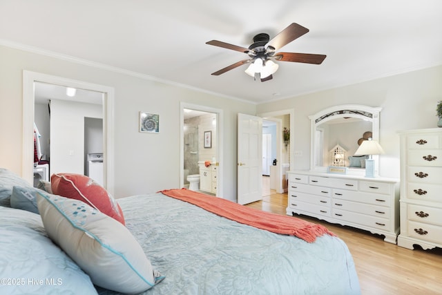3001 E Yacht Dr, Oak Island, NC 28465 - bedroom featuring ornamental molding, light wood-style flooring, a ceiling fan, and ensuite bathroom