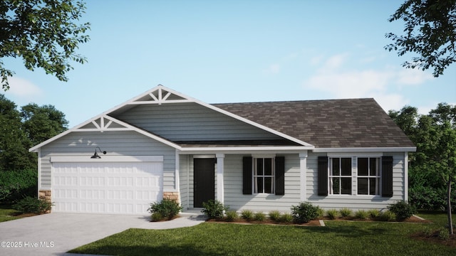 view of front of property featuring an attached garage, a shingled roof, concrete driveway, and a front yard