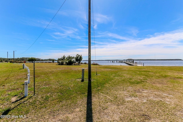 view of yard featuring a dock and a water view