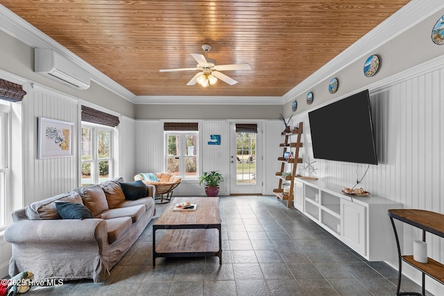 living room featuring an AC wall unit, a ceiling fan, crown molding, and wood ceiling