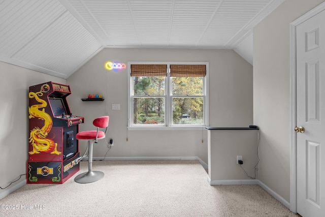 playroom with baseboards, carpet, and vaulted ceiling