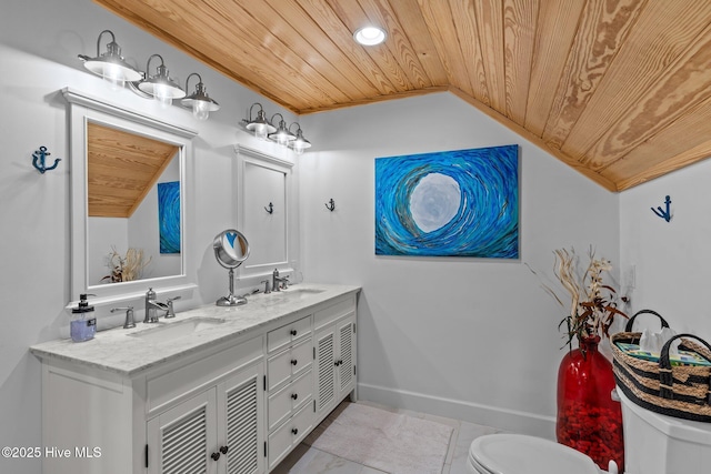 bathroom featuring baseboards, wood ceiling, a sink, and toilet