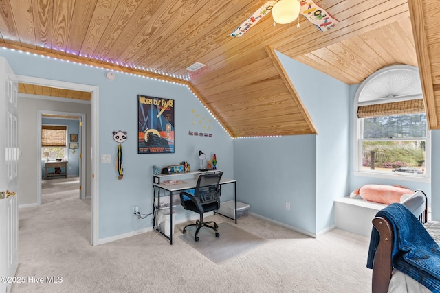 carpeted home office with wooden ceiling, baseboards, lofted ceiling, and plenty of natural light