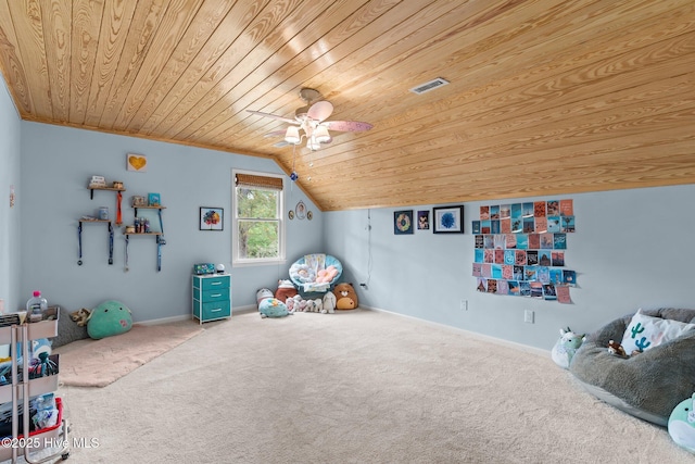 rec room with wood ceiling, visible vents, carpet flooring, and lofted ceiling