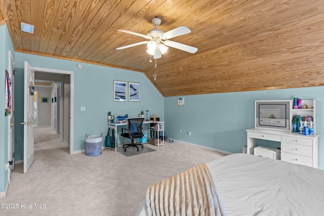 bedroom with wooden ceiling, lofted ceiling, visible vents, and carpet floors