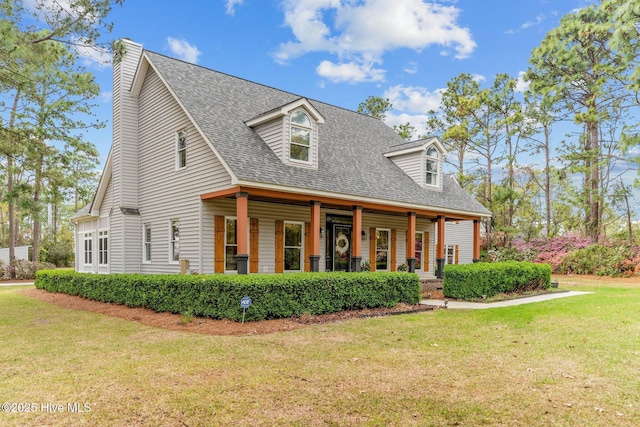 cape cod-style house with a porch, a chimney, a shingled roof, and a front lawn