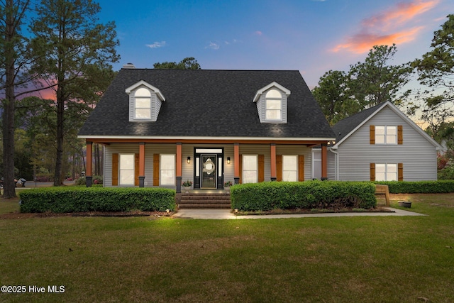 cape cod house featuring roof with shingles, a porch, and a lawn