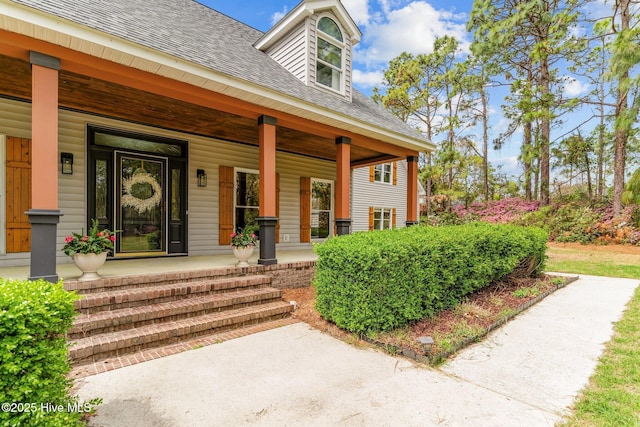 property entrance with roof with shingles and covered porch