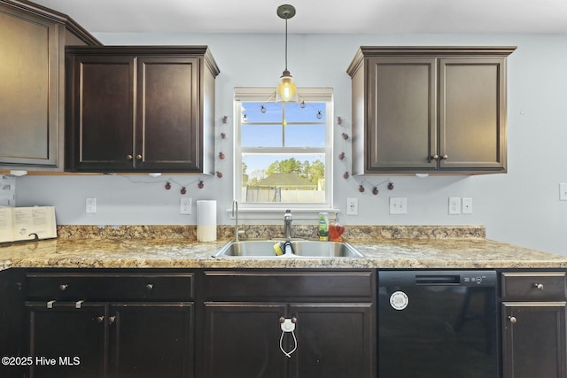kitchen with hanging light fixtures, dark brown cabinetry, a sink, and black dishwasher