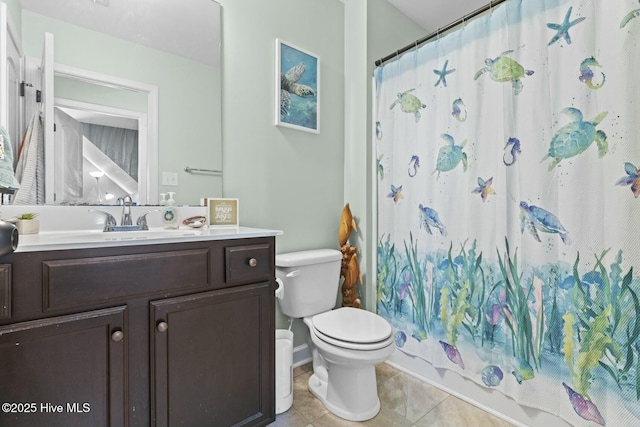 bathroom featuring toilet, tile patterned flooring, and vanity