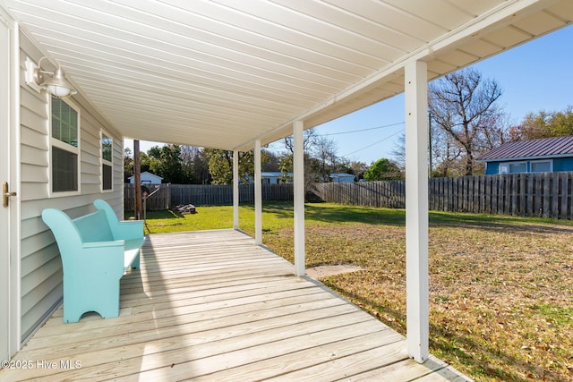wooden deck with a fenced backyard and a yard