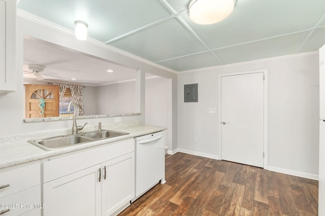kitchen featuring light countertops, dark wood finished floors, a sink, white dishwasher, and electric panel